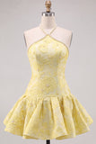 Robe courte de rentrée Jaune beurre fleur Jacquard Twin Short Homecoming avec ornements de perles