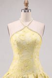 Robe courte de rentrée Jaune beurre fleur Jacquard Twin Short Homecoming avec ornements de perles