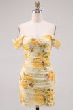 Robe de rentrée à la maison Daffodil Floral Off The Shoulder Short Bodycon perlée