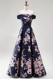 Robe de cérémonie longue bleu marine foncé à épaules dénudées, à imprimé floral et ligne A