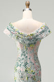 Robe mère de la mariée longue verte en jacquard, à épaules dénudées, avec motifs floraux et fente