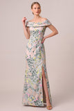 Robe mère de la mariée longue verte en jacquard, à épaules dénudées, avec motifs floraux et fente