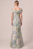 Robe mère de la mariée longue verte en jacquard, à épaules dénudées, avec motifs floraux et fente