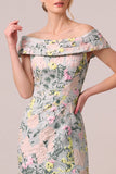 Robe mère de la mariée longue verte en jacquard, à épaules dénudées, avec motifs floraux et fente