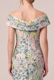 Robe mère de la mariée longue verte en jacquard, à épaules dénudées, avec motifs floraux et fente