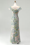 Robe mère de la mariée longue verte en jacquard, à épaules dénudées, avec motifs floraux et fente