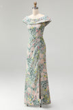 Robe mère de la mariée longue verte en jacquard, à épaules dénudées, avec motifs floraux et fente
