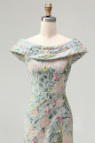 Robe mère de la mariée longue verte en jacquard, à épaules dénudées, avec motifs floraux et fente