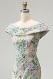 Robe mère de la mariée longue verte en jacquard, à épaules dénudées, avec motifs floraux et fente