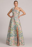 Robe mère de la mariée longue verte en jacquard, ligne A, asymétrique, à une épaule, avec motifs floraux et fente