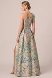 Robe mère de la mariée longue verte en jacquard, ligne A, asymétrique, à une épaule, avec motifs floraux et fente