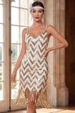 Robe courte épaillante blanche dorée 1920 avec franges