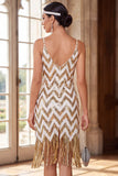 Robe courte épaillante blanche dorée 1920 avec franges