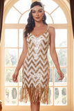 Robe courte épaillante blanche dorée 1920 avec franges