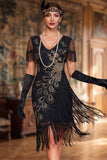 Robe vintage vintage Courte Moulante noire à franges 1920 avec perles