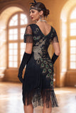 Robe vintage vintage Courte Moulante noire à franges 1920 avec perles