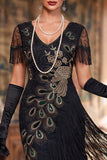Robe vintage vintage Courte Moulante noire à franges 1920 avec perles