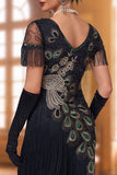 Robe vintage vintage Courte Moulante noire à franges 1920 avec perles