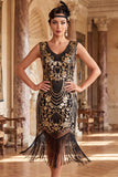 Robe vintage courte noire et dorée des années 1920, style Great Gatsby à fleurs avec paillettes, perles et franges dorées