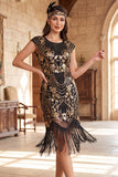 Robe à faux manches vintage noires dorées à manches franges, sequins, robe flapper des années 1920 avec perles