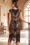 Robe à faux manches vintage noires dorées à manches franges, sequins, robe flapper des années 1920 avec perles