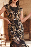 Robe à faux manches vintage noires dorées à manches franges, sequins, robe flapper des années 1920 avec perles