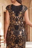 Robe à faux manches vintage noires dorées à manches franges, sequins, robe flapper des années 1920 avec perles