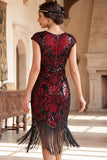 Robe à faux manches vintage noires dorées à manches franges, sequins, robe flapper des années 1920 avec perles