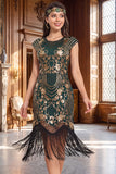 Robe à faux manches vintage noires dorées à manches franges, sequins, robe flapper des années 1920 avec perles