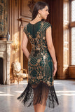 Robe à faux manches vintage noires dorées à manches franges, sequins, robe flapper des années 1920 avec perles