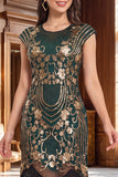 Robe à faux manches vintage noires dorées à manches franges, sequins, robe flapper des années 1920 avec perles
