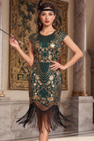 Robe à faux manches vintage noires dorées à manches franges, sequins, robe flapper des années 1920 avec perles