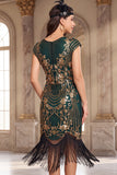 Robe à faux manches vintage noires dorées à manches franges, sequins, robe flapper des années 1920 avec perles