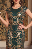 Robe à faux manches vintage noires dorées à manches franges, sequins, robe flapper des années 1920 avec perles