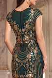 Robe à faux manches vintage noires dorées à manches franges, sequins, robe flapper des années 1920 avec perles
