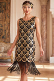 Sequins dorés noirs robe courte vintage à franges des années 1920