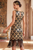 Sequins dorés noirs robe courte vintage à franges des années 1920