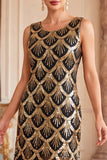 Sequins dorés noirs robe courte vintage à franges des années 1920