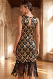 Sequins dorés noirs robe courte vintage à franges des années 1920