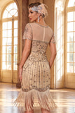 Sequins Bodycon Noirs Dorés Scintillants Courte robe de fête Gatsby avec franges