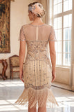 Sequins Bodycon Noirs Dorés Scintillants Courte robe de fête Gatsby avec franges
