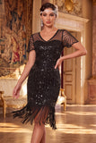 Sequins Bodycon Noirs Dorés Scintillants Courte robe de fête Gatsby avec franges
