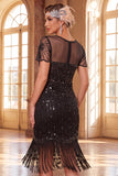 Sequins Bodycon Noirs Dorés Scintillants Courte robe de fête Gatsby avec franges