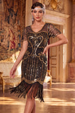 Sequins Bodycon Noirs Dorés Scintillants Courte robe de fête Gatsby avec franges