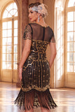 Sequins Bodycon Noirs Dorés Scintillants Courte robe de fête Gatsby avec franges