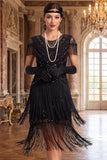 Robe vintage vintage à sequins noirs dorés à franges des années 1920 avec manches courtes