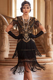 Robe vintage vintage à sequins noirs dorés à franges des années 1920 avec manches courtes