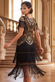 Robe vintage vintage à sequins noirs dorés à franges des années 1920 avec manches courtes