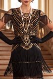 Robe vintage vintage à sequins noirs dorés à franges des années 1920 avec manches courtes
