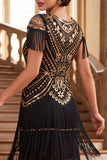 Robe vintage vintage à sequins noirs dorés à franges des années 1920 avec manches courtes